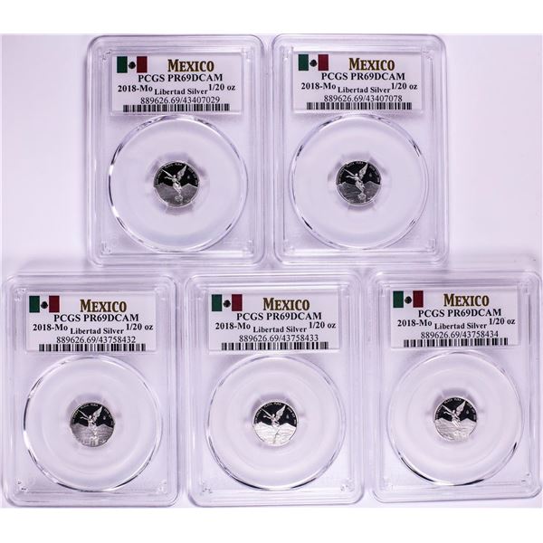 Lot of (5) 2018-Mo Mexico Proof 1/20 oz Silver Libertad Coin PCGS PR69DCAM