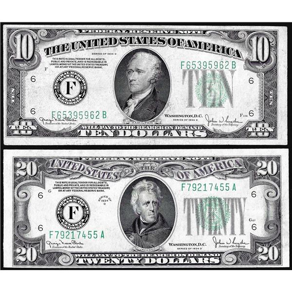 Lot of 1934D $10 & $20 Federal Reserve Notes Atlanta