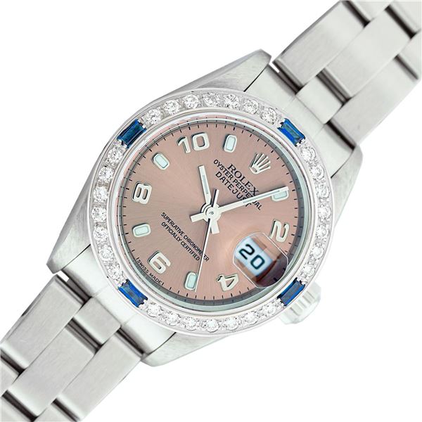 Rolex Ladies Stainless Steel Salmon Arabic Diamond and Sapphire Datejust Wristwatch