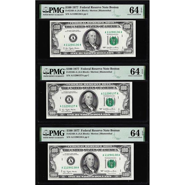 (3) Consecutive $100 Federal Reserve Notes Fr.2168-A PMG Choice Uncirculated 64EPQ