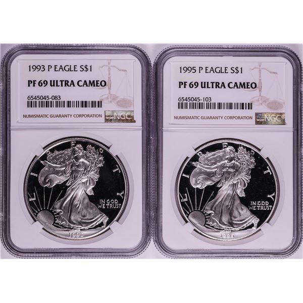 Lot of 1993-P & 1995-P $1 Proof American Silver Eagle Coins NGC PF69 Ultra Cameo