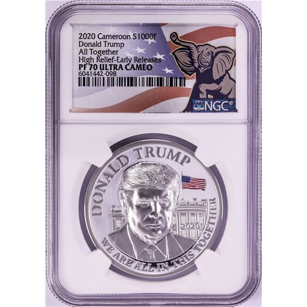 2020 Cameroon 1000 Francs High Relief Donald Trump Silver Coin NGC PF70 Ultra Cameo