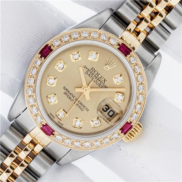 Rolex Ladies Two Tone Quickset Champagne Diamond & Ruby Datejust Wristwatch