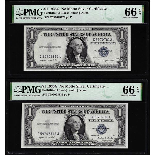 (2) Consecutive 1935G No Motto $1 Silver Certificate Notes PMG Gem Uncirculated 66EPQ