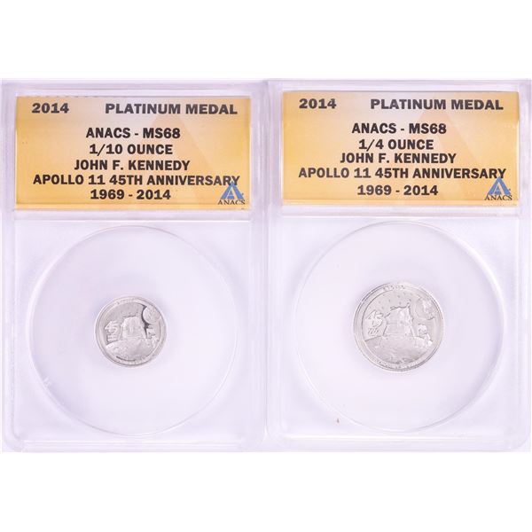 Set of 2014 Proof 1/10 & 1/4 oz Platinum JFK Apollo 11 Anniversary Medals ANACS MS68