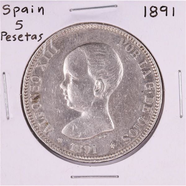 1891 Spain 5 Pesetas Silver Coin