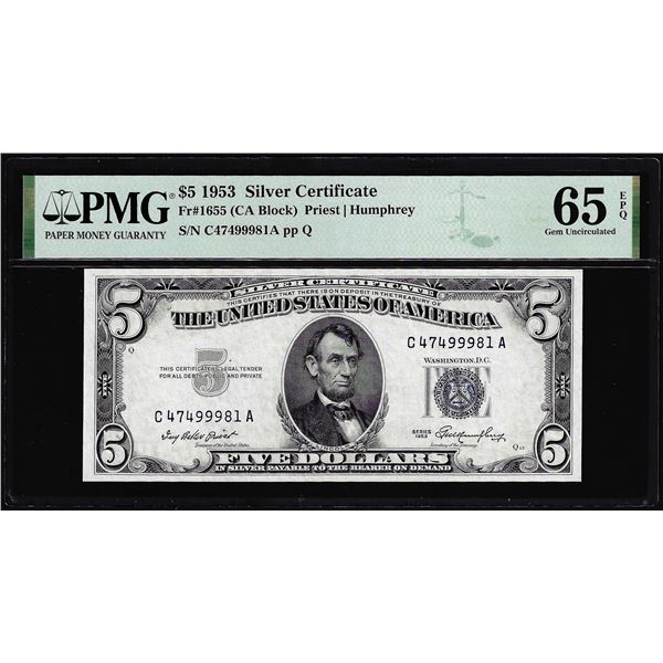 1953 $5 Silver Certificate Note Fr.1655 PMG Gem Uncirculated 65EPQ