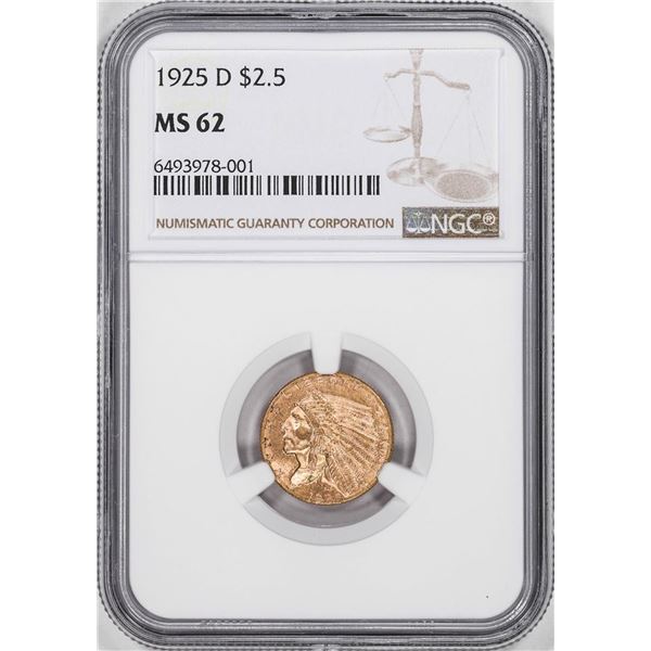 1925-D $2 1/2 Indian Head Quarter Eagle Gold Coin NGC MS62