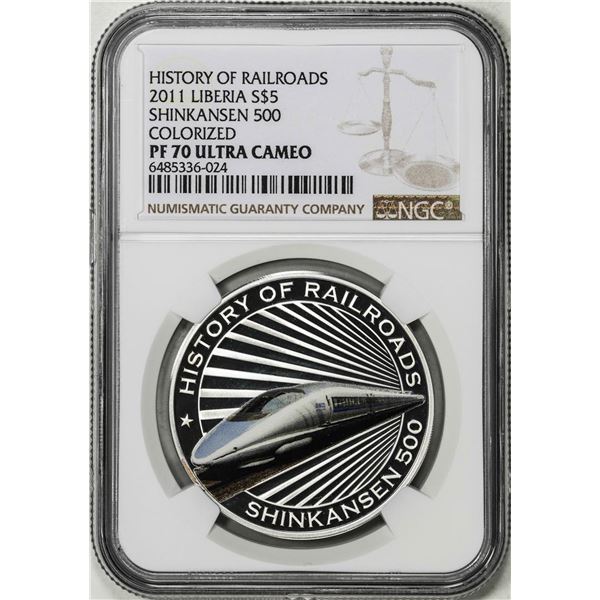 2011 Liberia $5 History of Railroads Shinkansen Proof Silver Coin NGC PF70 Ultra Cameo