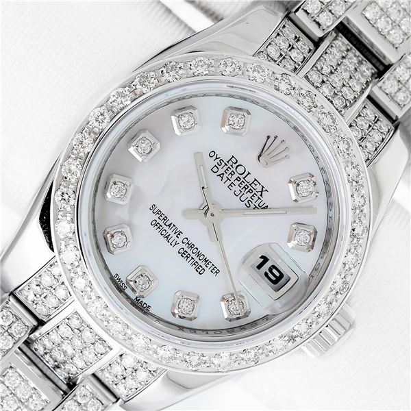 Rolex Ladies Stainless Steel Quickset MOP Full Diamond Datejust Wristwatch