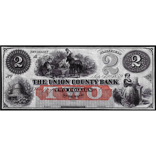 1859 $2 The Union County Bank Plainfield, NJ Obsolete Currency Note