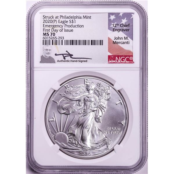 2020-(P) $1 American Silver Eagle Coin NGC MS70 FDOI Mercanti Emergency Philadelphia