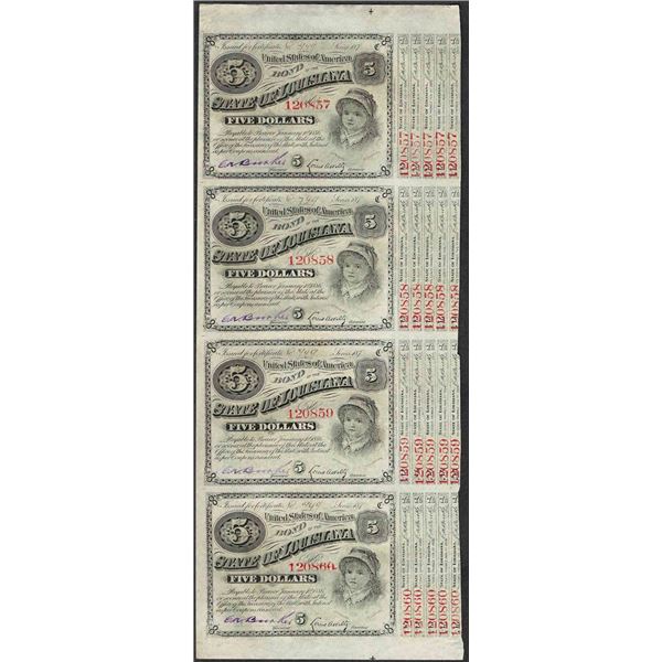 Uncut Sheet of (4) State of Louisiana Baby Bond Obsolete Notes