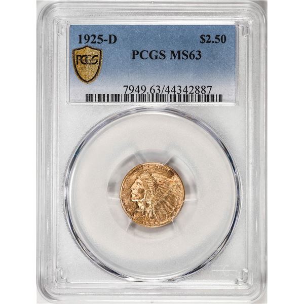 1925-D $2 1/2 Indian Head Quarter Eagle Gold Coin PCGS MS63