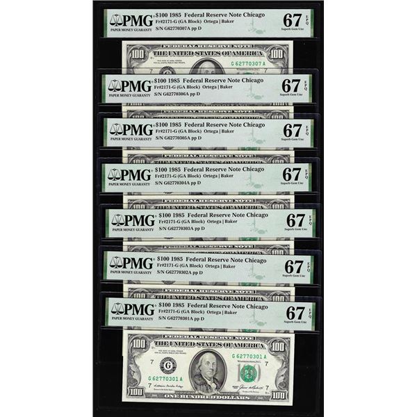 (7) Consecutive 1985 $100 Federal Reserve Notes Fr.2171-G PMG Superb Gem Unc 67EPQ