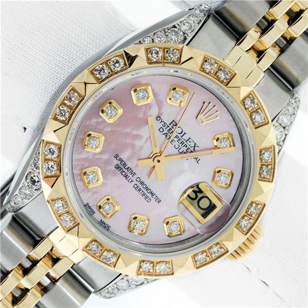Rolex Ladies Two Tone Pink Mother of Pearl Diamond Pyramid Datejust Wristwatch