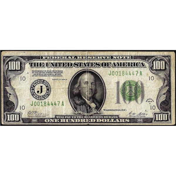 1928A $100 Federal Reserve Note Kansas City Redeemable in Gold