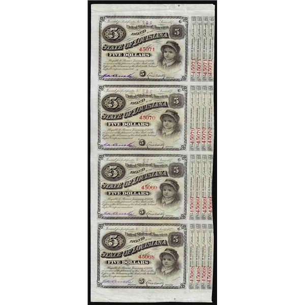 Uncut Sheet of (4) State of Louisiana Baby Bond Obsolete Notes