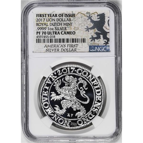 2017 Netherlands Proof Lion Dollar Restrike Silver Coin NGC PF70 Ultra Cameo FYOI