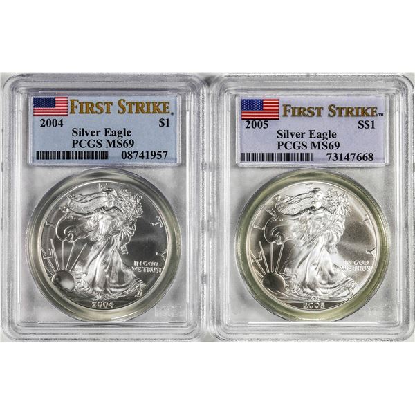 Lot of 2004 & 2005 $1 American Silver Eagle Coins PCGS MS69 First Strike