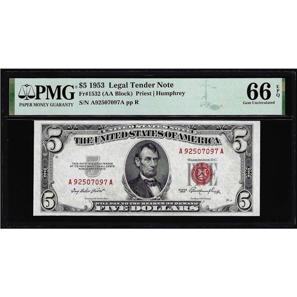 1953 $5 Legal Tender Note Fr.1532 PMG Gem Uncirculated 66EPQ