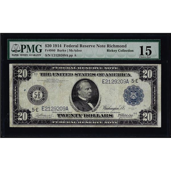 1914 $20 Federal Reserve Note Richmond Fr.980 PMG Choice Fine 15