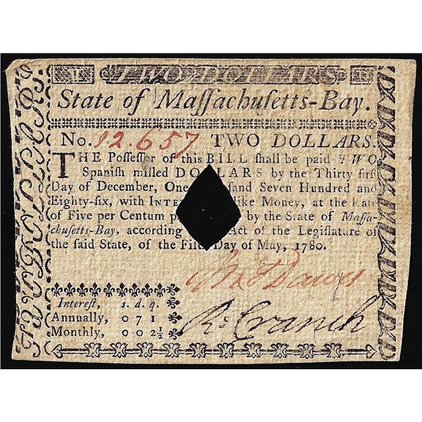 May 5, 1780 $2 State of Massachusetts Colonial Currency Note