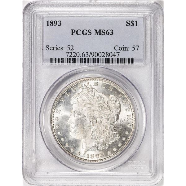 1893 $1 Morgan Silver Dollar Coin PCGS MS63