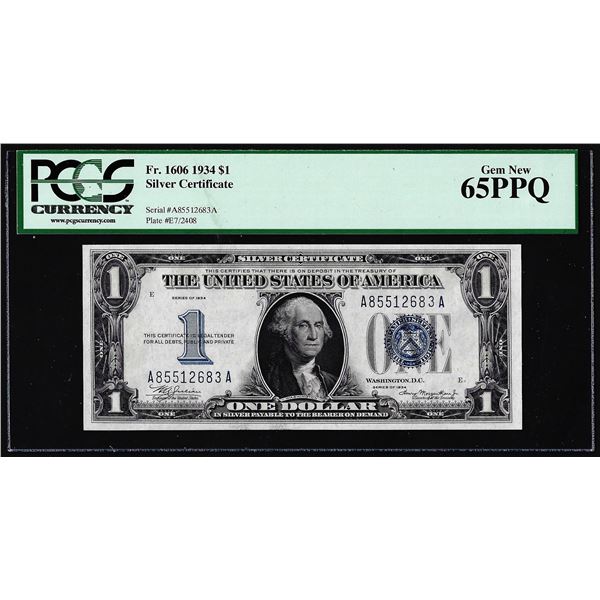 1934 $1 Funnyback Silver Certificate Note FR.1606 PCGS Gem New 65PPQ