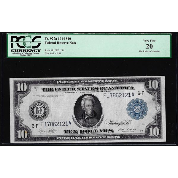 1914 $10 Federal Reserve Note Atlanta Fr.927a PCGS Very Fine 20