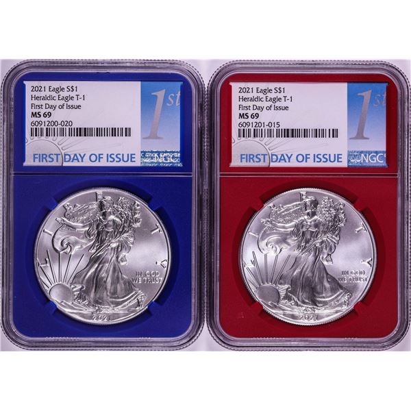 Lot of (2) 2021 Type 1 $1 American Silver Eagle Coins NGC MS69 FDOI Red & Blue Cores