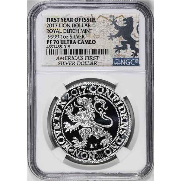 2017 Netherlands Proof Lion Dollar Restrike Silver Coin NGC PF70 Ultra Cameo FYOI