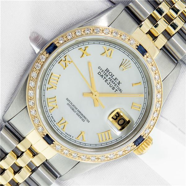 Rolex Men's Two Tone Mother of Pearl Diamond & Sapphire Datejust Wristwatch