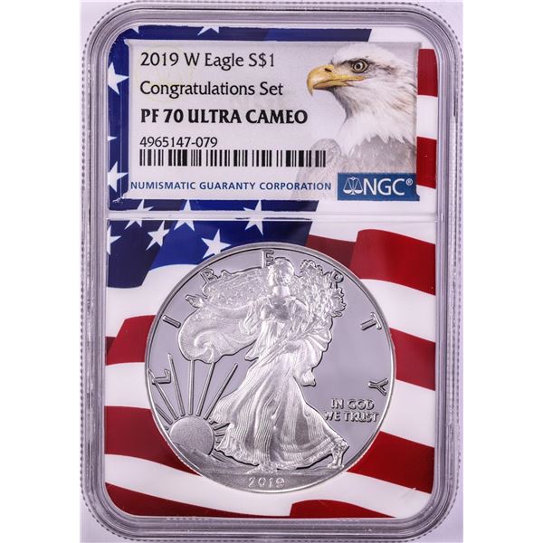 2019-W $1 Proof American Silver Eagle Coin NGC PF70 Ultra Cameo Congratulations Flag