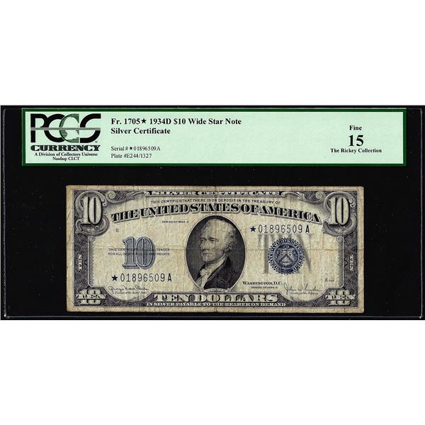 1934D $10 Silver Certificate STAR Note Fr.1705* PCGS Fine 15