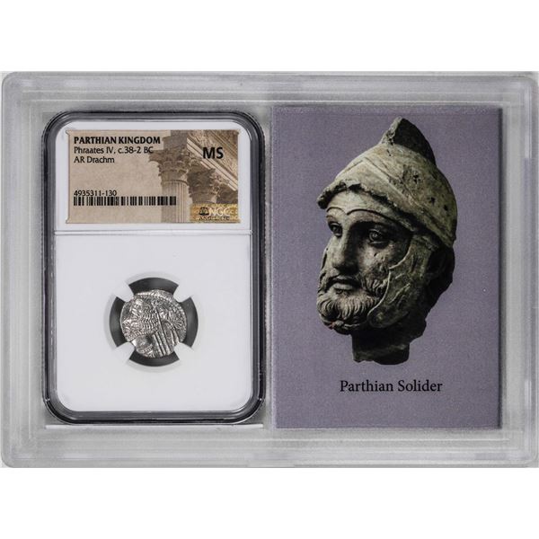 Parthian Kingdom Phraates IV c.38-2 BC AR Drachm Ancient Coin NGC MS Story Box