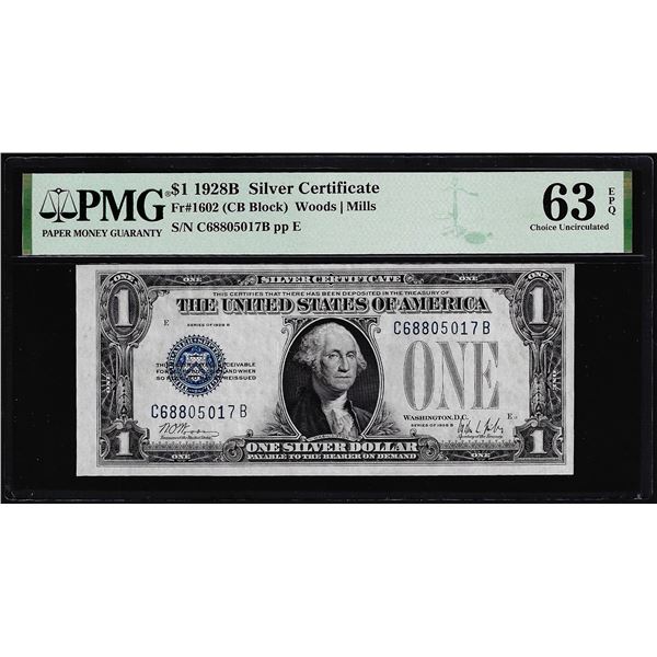 1928B $1 Funnyback Silver Certificate Note Fr.1602 PMG Choice Uncirculated 63EPQ
