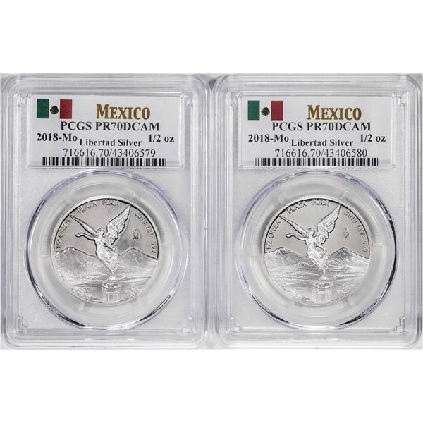 Lot of (2) 2018-Mo Mexico Proof 1/2 oz Silver Libertad Coins PCGS PR70DCAM