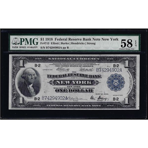 1918 $1 Federal Reserve Bank Note New York Fr.713 PMG Choice About Uncirculated 58EPQ