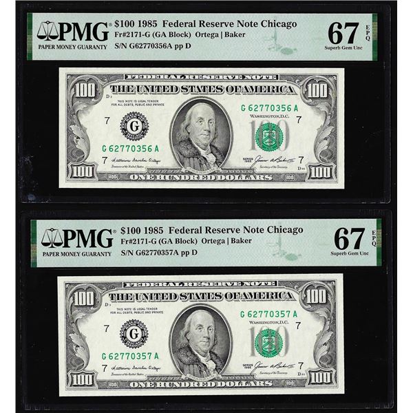 (2) Consecutive 1985 $100 Federal Reserve Notes Fr.2171-G PMG Superb Gem Unc 67EPQ