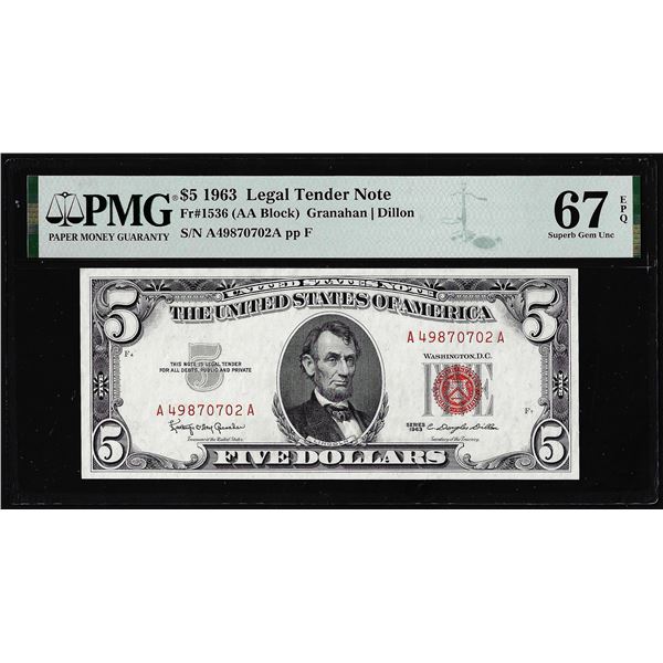 1963 $5 Legal Tender Note Fr.1536 PMG Superb Gem Uncirculated 67EPQ