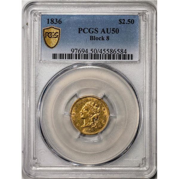 1836 Block 8 $2 1/2 Classic Head Quarter Eagle Gold Coin PCGS AU50