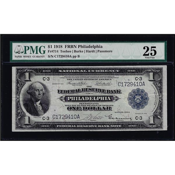 1918 $1 Federal Reserve Bank Note Philadelphia Fr.714 PMG Very Fine 25