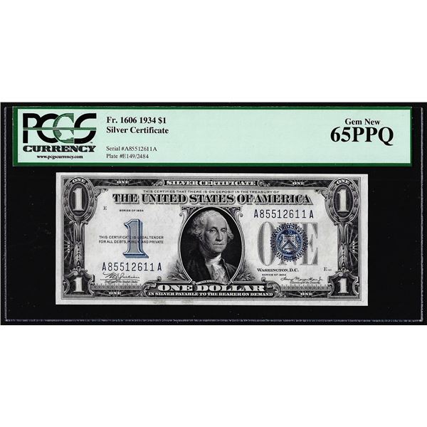 1934 $1 Funnyback Silver Certificate Note FR.1606 PCGS Gem New 65PPQ