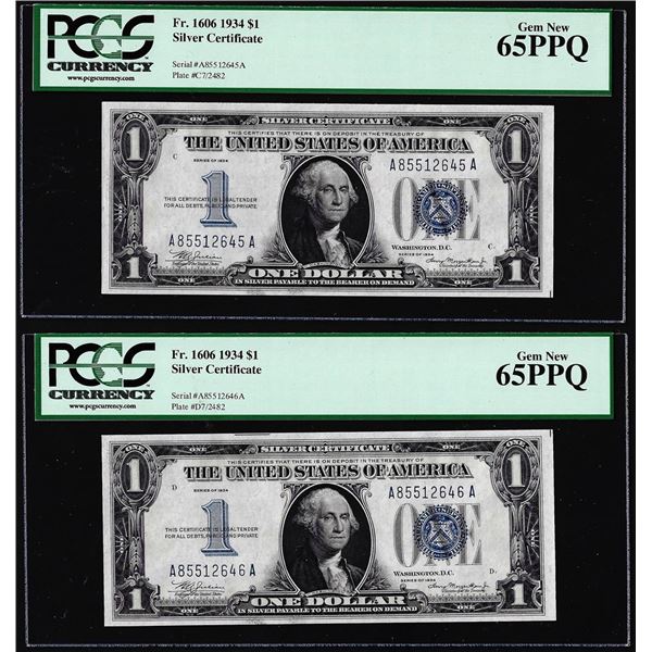 (2) Consecutive 1934 $1 Funnyback Silver Certificate Notes FR.1606 PCGS Gem New 65PPQ
