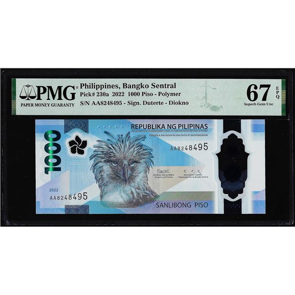 2022 Philippines Central Bank 1000 Piso Note P230a PMG Superb Gem Uncirculated 67EPQ