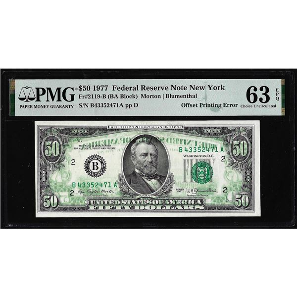 1977 $50 Federal Reserve Note Offset Printing Error PMG Choice Uncirculated 63EPQ