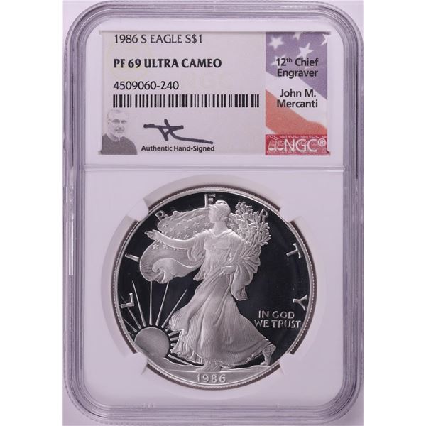 1986-S $1 Proof American Silver Eagle Coin NGC PF69 Ultra Cameo Mercanti Signature