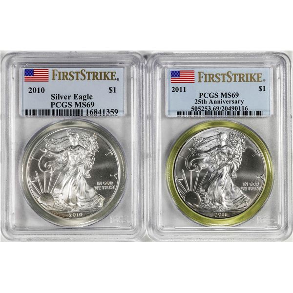 Lot of 2010 & 2011 $1 American Silver Eagle Coins PCGS MS69 First Strike