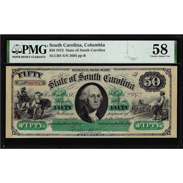 1872 $50 State of South Carolina Obsolete Note PMG Choice About Uncirculated 58